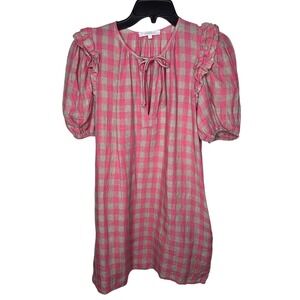 Olivaceous Pink Gingham Ruffle Puff Sleeve Mini Dress Small Bohemian Shift